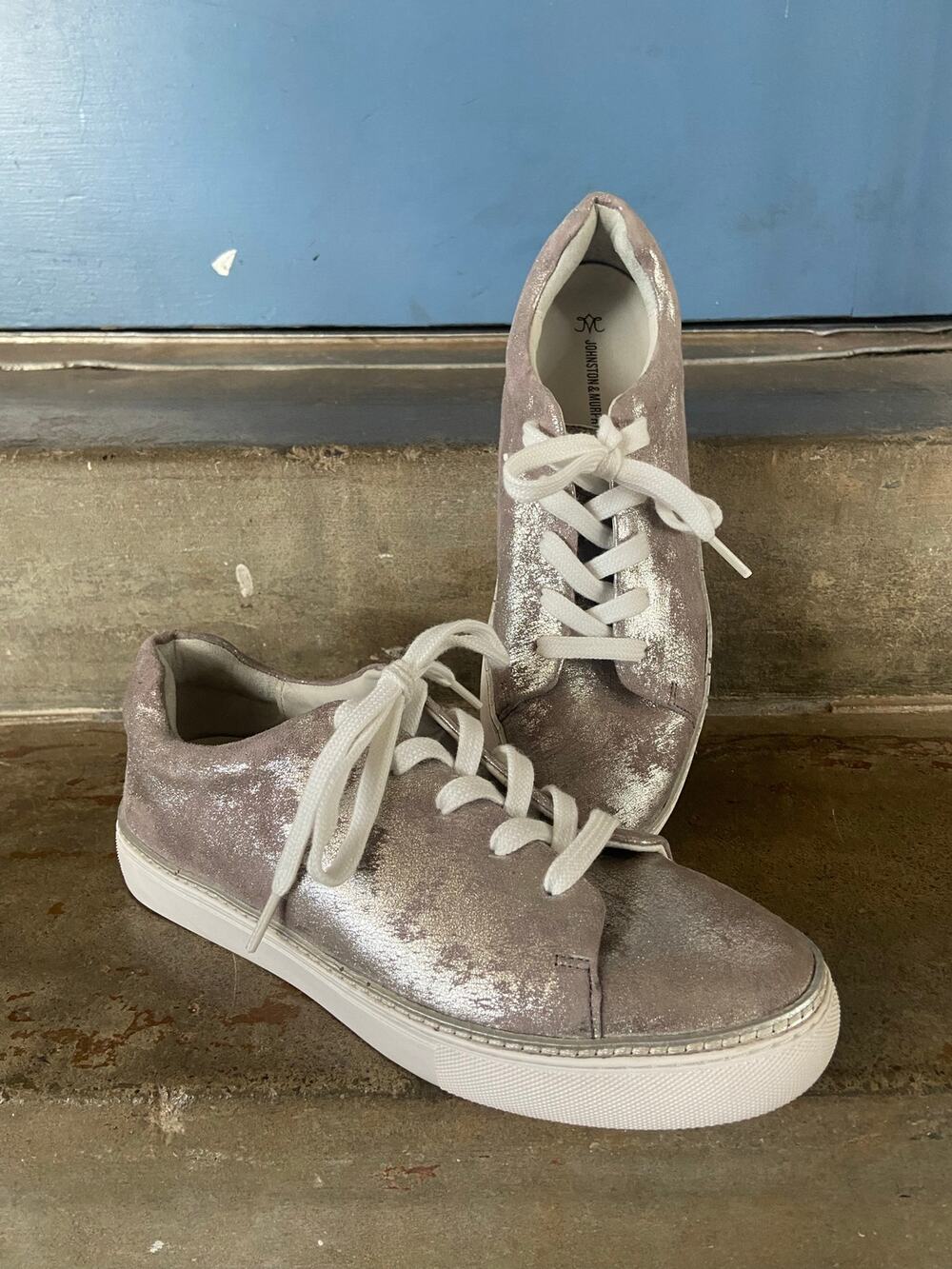 Johnston & Murphy taupe suede with silver metallic finish lace up sneaker